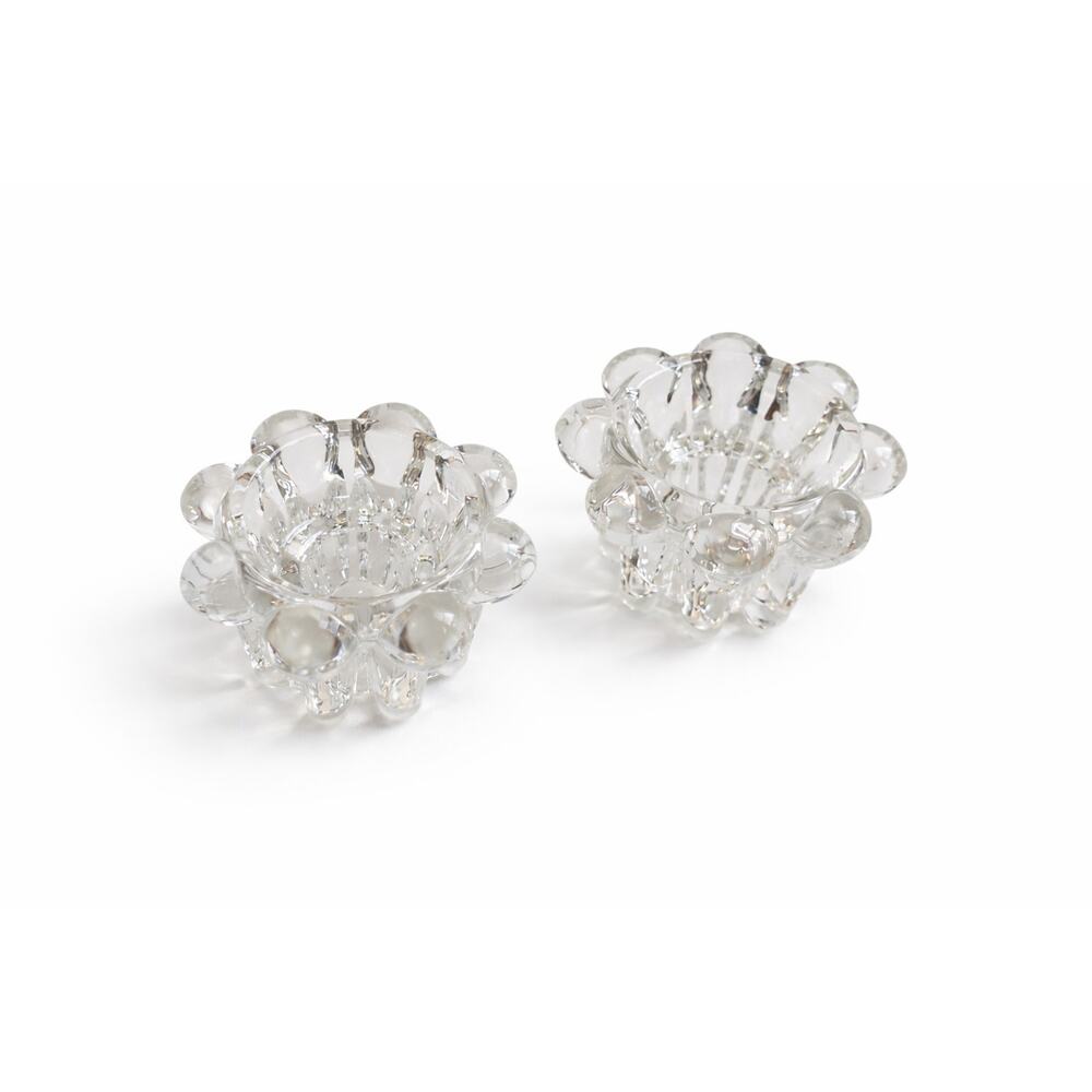 Vintage Reims Crystal Glass Candle Holders Set Clear 2.25” Votive Floral Design